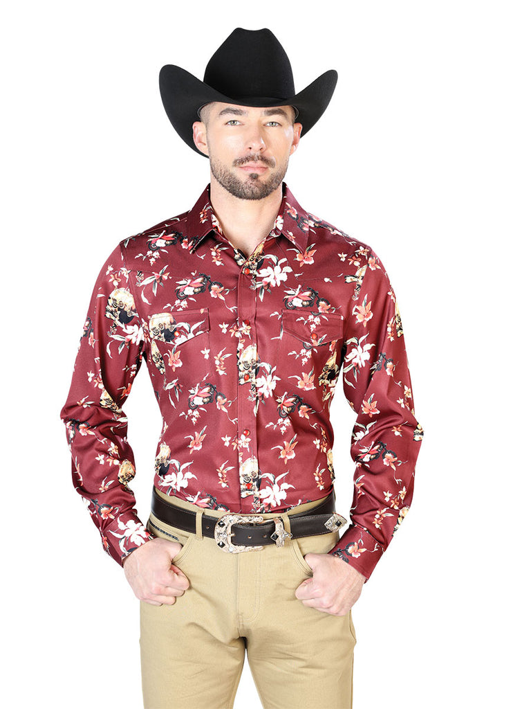 Burgandy Flowers Casual Manga Larga Shirts 43951