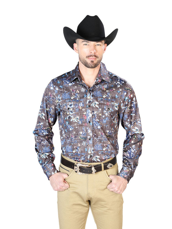Camisa Vaquera de Hombre El Señor de los Cielos Manga Larga Casual en 97% Poliéster 3% Lycra Color Azul Marino 43953