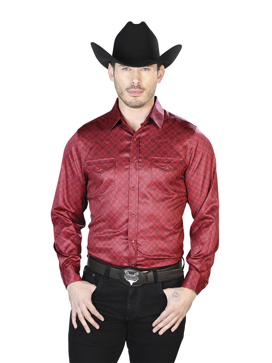 Camisa Vaquera de Hombre El Señor de los Cielos Manga Larga Broche Casual en 97% Poliéster 3% Lycra Color Vino 43955