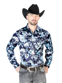 Azul Flor Estampado Casual Manga Larga Camisa 43958