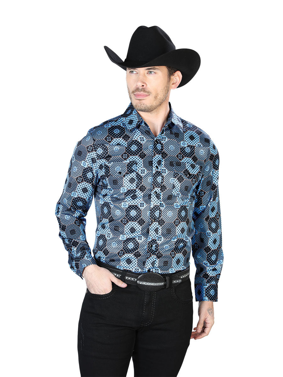 Camisa Vaquera de Hombre El Señor de los Cielos Manga Larga Broche Casual en 97% Poliéster 3% Lycra Color Azul 43963