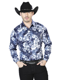 Azul Marino Floral Estampado Casual Manga Larga Camisa 43990