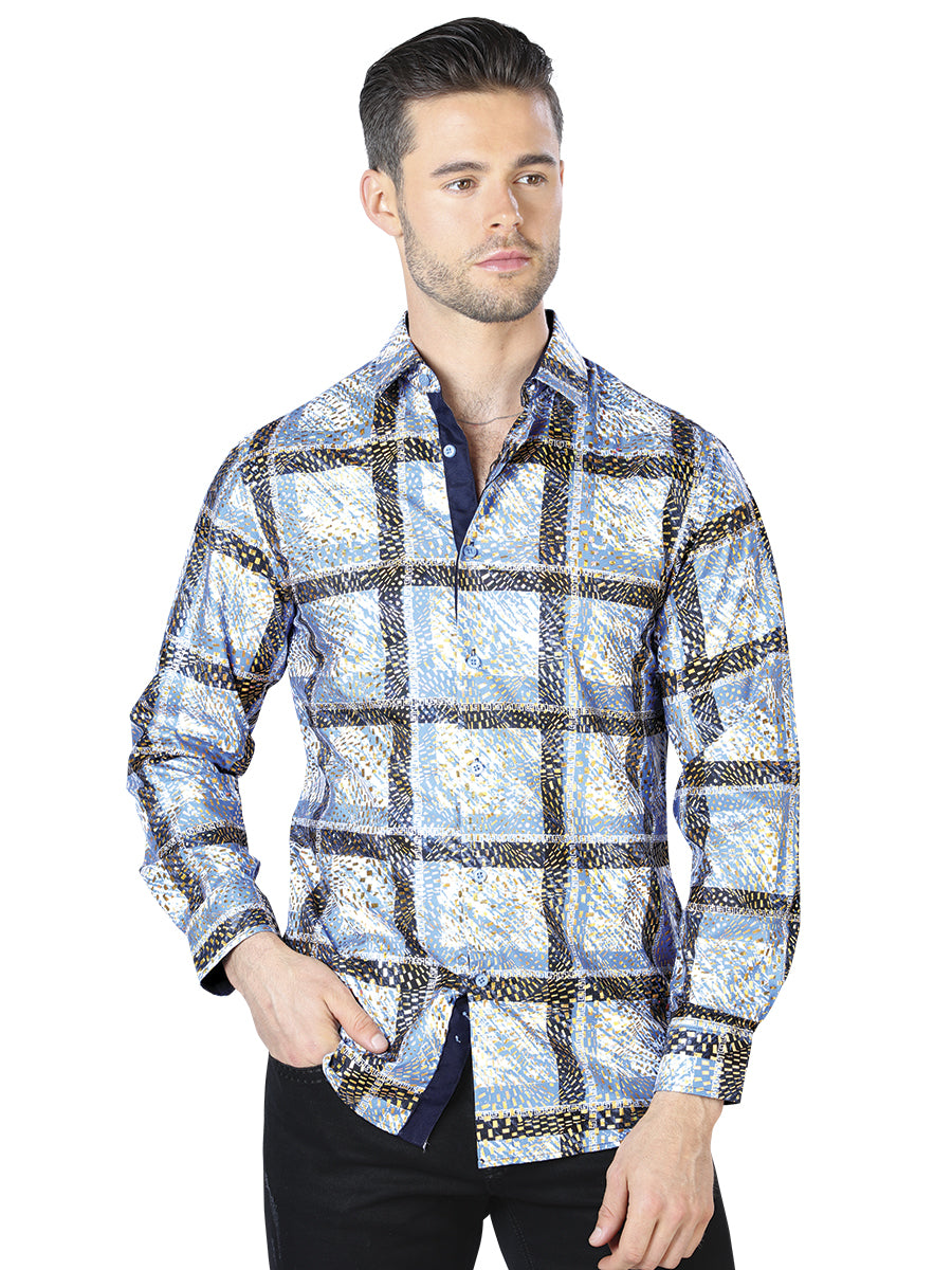 Camisa Vaquera de Hombre El Señor de los Cielos Manga Larga Casual en 100% Poliéster Color Azul/Amarillo 44010