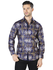 Azul Marino y Dorado Casual Manga Larga Camisa 44014
