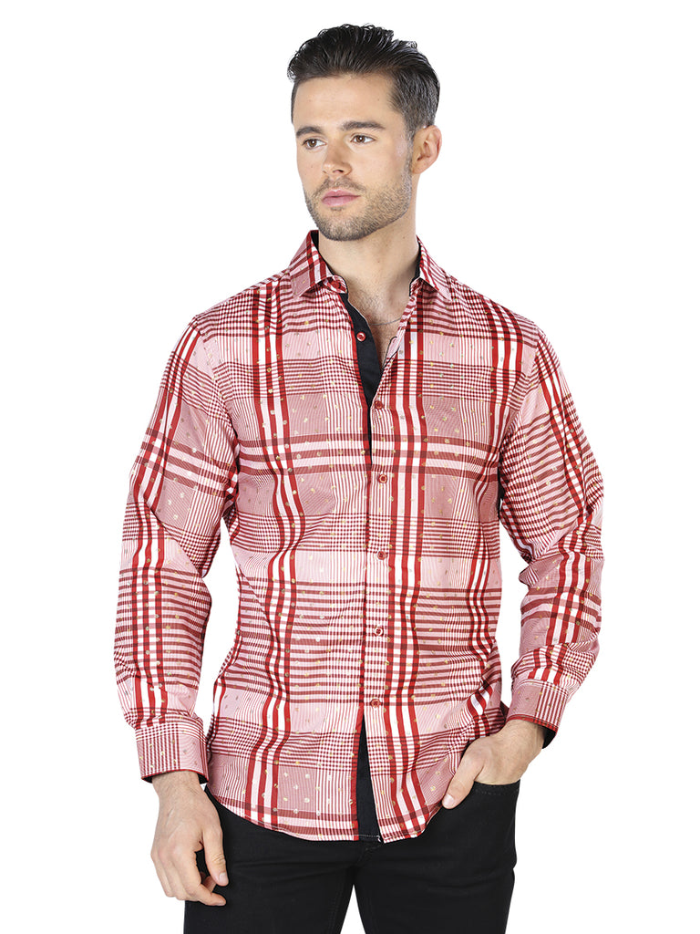 Camisa Vaquera de Hombre El Señor de los Cielos WH10-013 Manga Larga Casual en 100% Poliéster Color Rojo/Blanco 44015