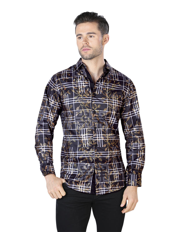 Camisa Vaquera de Hombre El Señor de los Cielos Manga Larga Casual en 100% Poliéster Color Negro/Dorado 44019