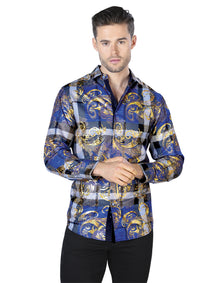 Azul Dorado Estampado Casual Manga Larga Camisa 44023