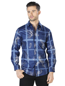 Azul Marino y Plateado Casual Manga Larga Camisa 44026