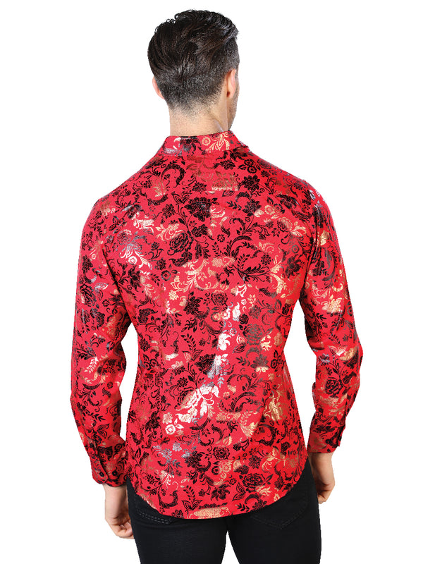 Camisa Vaquera de Hombre El Señor de los Cielos Manga Larga Casual en 97% Poliéster 3% Spandex Color Rojo/Dorado 44031