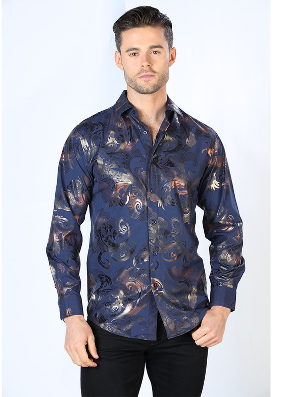 Camisa Vaquera de Hombre El Señor de los Cielos WH10-034 Manga Larga Casual en 97% Poliéster 3% Spandex Color Negro/Dorado 44036