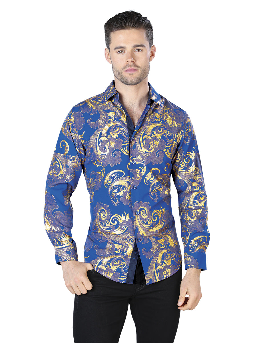 Camisa Vaquera de Hombre El Señor de los Cielos WH10-040 Manga Larga Casual en 97% Poliéster 3% Spandex Color Azul/Dorado 44042