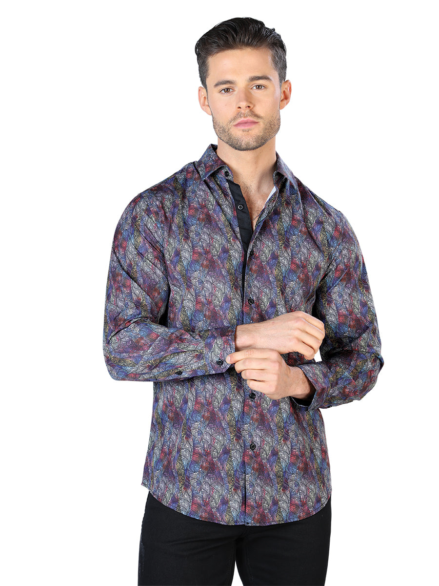 Camisa Vaquera de Hombre El Señor de los Cielos Manga Larga Casual en 97% Poliéster 3% Spandex Color Negro/Multicolor 44044