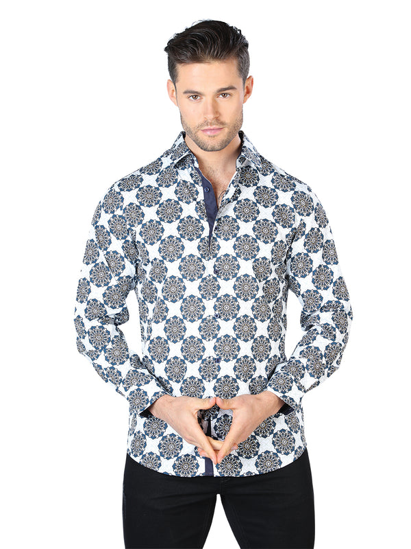 Camisa Vaquera de Hombre El Señor de los Cielos Manga Larga Casual en 97% Poliéster 3% Spandex Color Blanco/Negro 44048