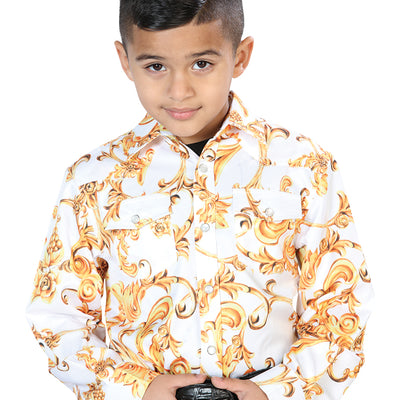 Camisa Vaquera de Niño El Señor de los Cielos Manga Larga Casual en 97% Poliéster 3% Lycra Color Blanco Roto/Dorado 44061