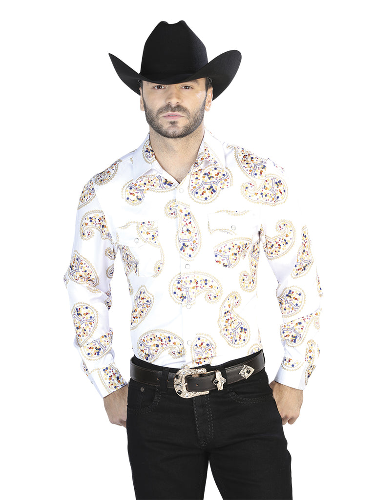 Camisa Vaquera de Hombre El Señor de los Cielos Manga Larga Casual en 97% Poliéster 3% Lycra Color Blanco Roto/Dorado 44064