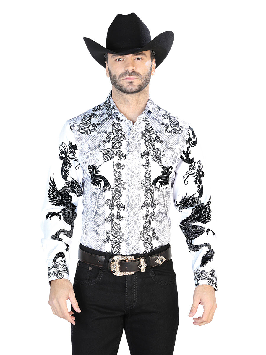 Camisa Vaquera de Hombre El Señor de los Cielos Manga Larga Casual en 97% Poliéster 3% Lycra Color Blanco/Negro 44066