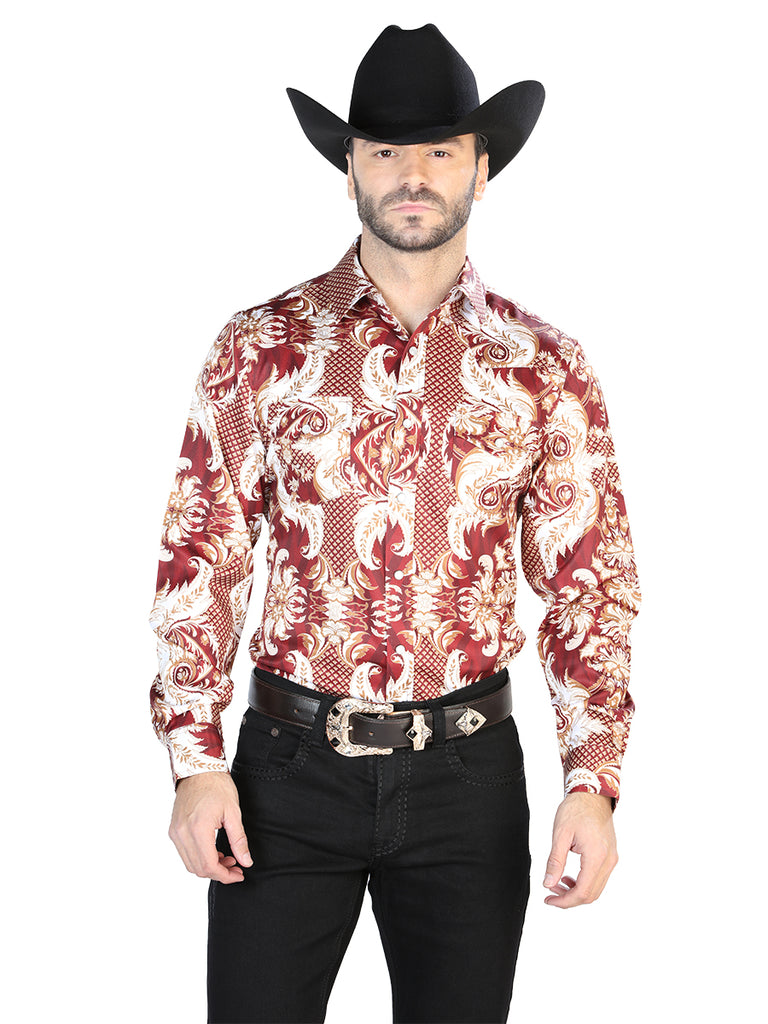 Camisa Vaquera de Hombre El Señor de los Cielos Manga Larga Casual en 97% Poliéster 3% Lycra Color Vino/Dorado 44071