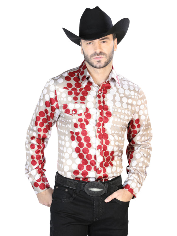 Camisa Vaquera de Hombre El Señor de los Cielos Manga Larga Broche Casual en 97% Poliéster 3% Lycra Color Vino/Dorado 44072