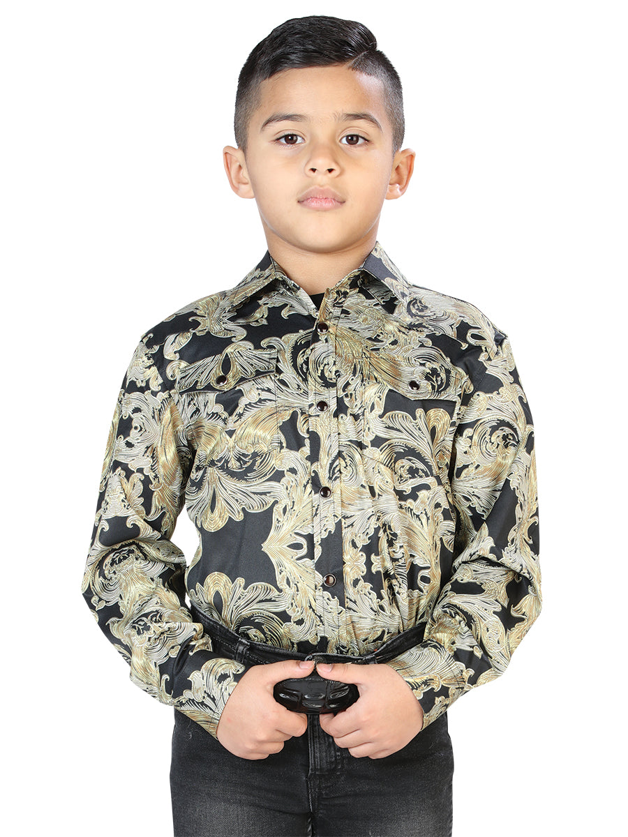Camisa Vaquera de Niño El Señor de los Cielos Manga Larga Broche Casual en 97% Poliéster 3% Lycra Color Vino/Dorado 44073