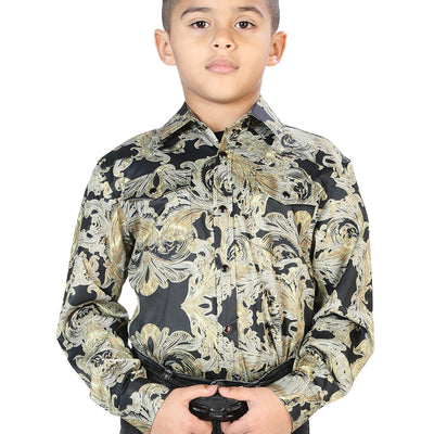 Camisa Vaquera de Niño El Señor de los Cielos Manga Larga Broche Casual en 97% Poliéster 3% Lycra Color Vino/Dorado 44073