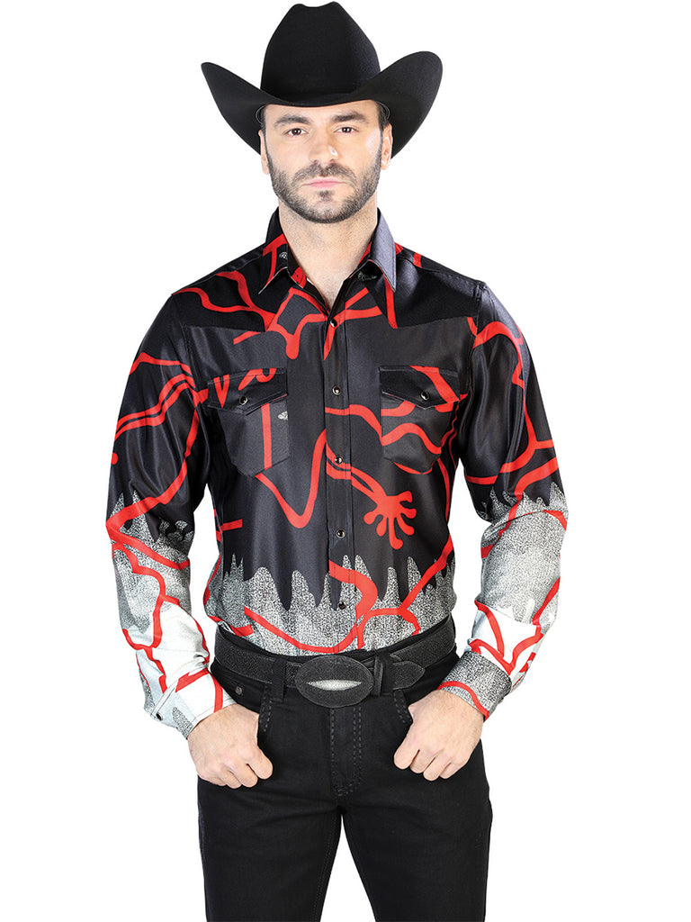 Camisa Vaquera de Hombre El Señor de los Cielos Manga Larga Broche Casual en 97% Poliéster 3% Lycra Color Negro/Rojo 44074