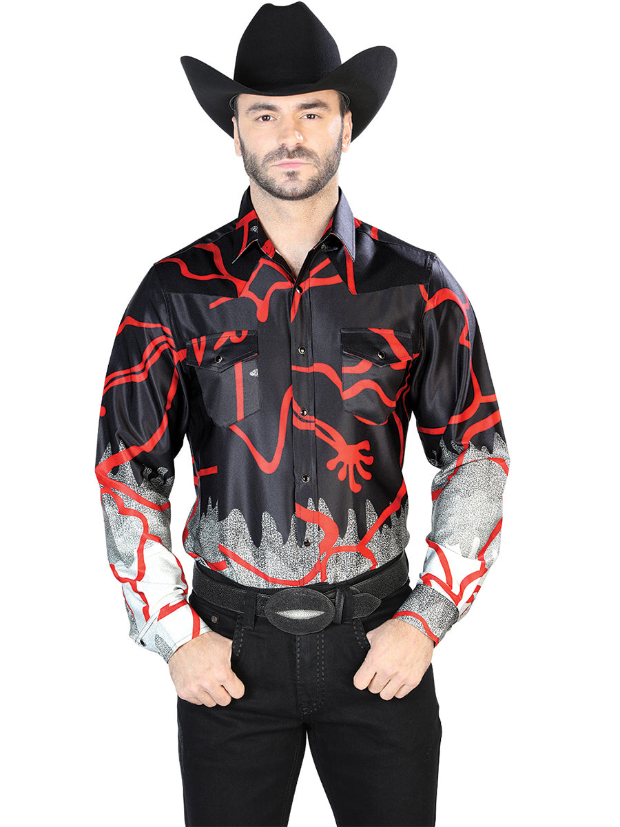 Camisa Vaquera de Hombre El Señor de los Cielos Manga Larga Broche Casual en 97% Poliéster 3% Lycra Color Negro/Rojo 44074