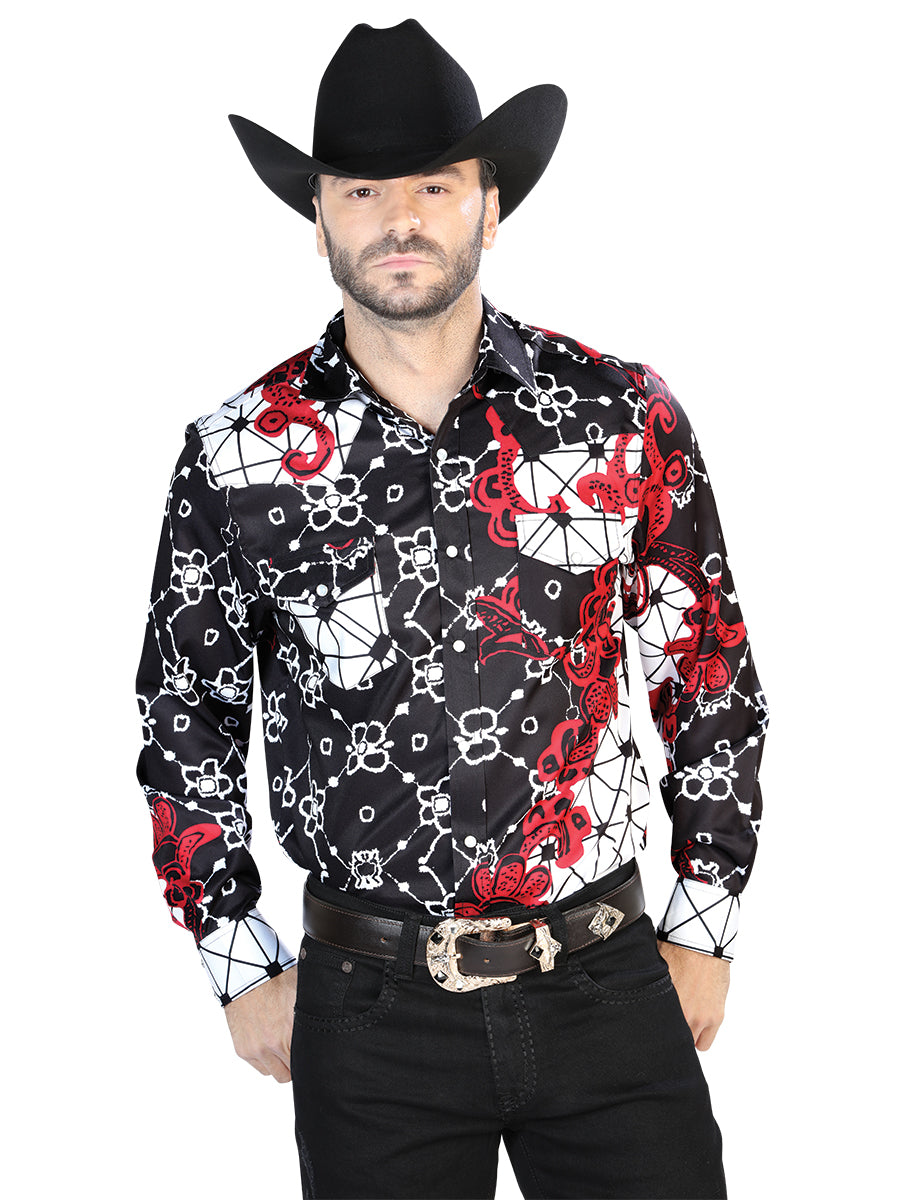 Camisa Vaquera de Hombre El Señor de los Cielos Manga Larga Broche Casual en 97% Poliéster 3% Lycra Color Vino/Negro 44076