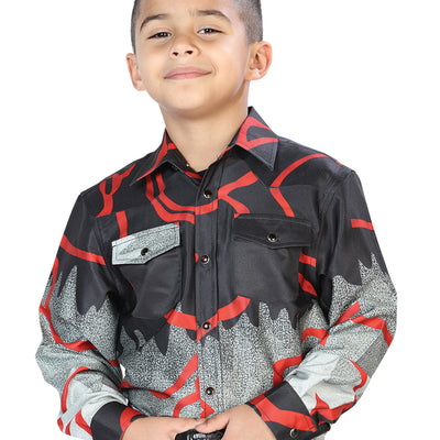 Camisa Vaquera de Niño El Señor de los Cielos Manga Larga Broche Casual en 97% Poliéster 3% Lycra Color Vino/Negro 44077