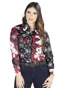 Negro y Burgandy Printed Manga Larga Camisa 44078