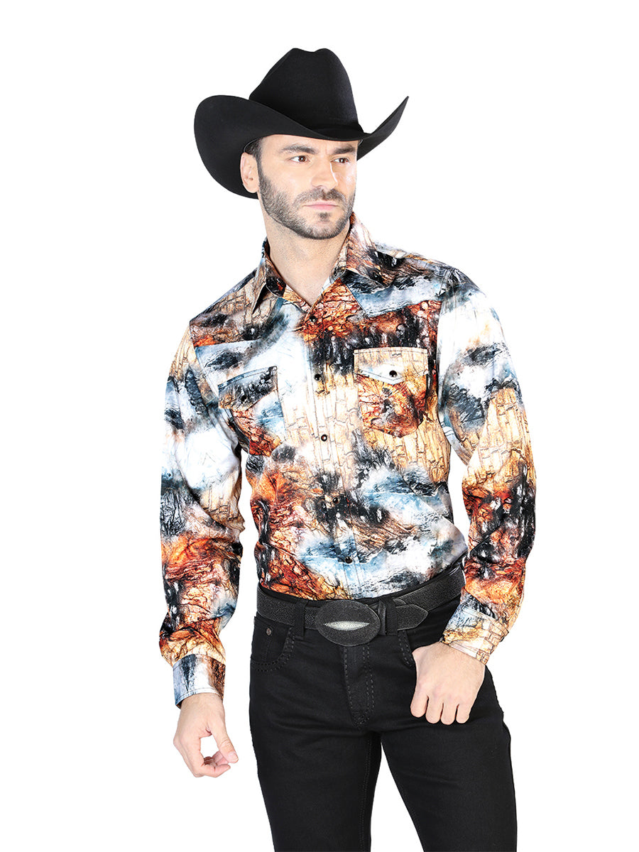 Camisa Vaquera de Hombre El Señor de los Cielos Manga Larga Broche Casual en 97% Poliéster 3% Lycra Color Amarillo/Negro 44079