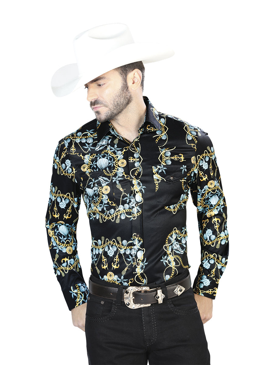 Camisa Vaquera de Hombre El Señor de los Cielos Manga Larga Broche Casual en 97% Poliéster 3% Lycra Color Negro/Dorado 44083