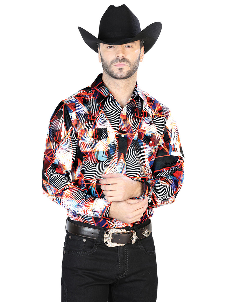 Camisa Vaquera de Hombre El Señor de los Cielos Manga Larga Broche Casual en 97% Poliéster 3% Lycra Color Vino/Blanco 44084