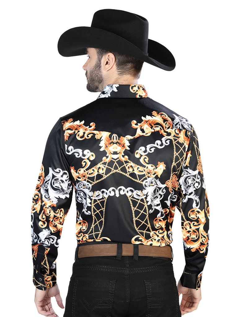 Camisa Vaquera de Hombre El Señor de los Cielos Manga Larga Broche Casual en 97% Poliéster 3% Lycra Color Negro/Dorado 44085