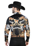 Camisa Vaquera de Hombre El Señor de los Cielos Manga Larga Broche Casual en 97% Poliéster 3% Lycra Color Negro/Dorado 44085