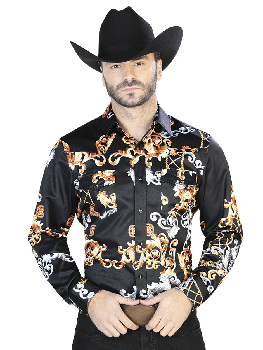 Camisa Vaquera de Hombre El Señor de los Cielos Manga Larga Broche Casual en 97% Poliéster 3% Lycra Color Negro/Dorado 44085