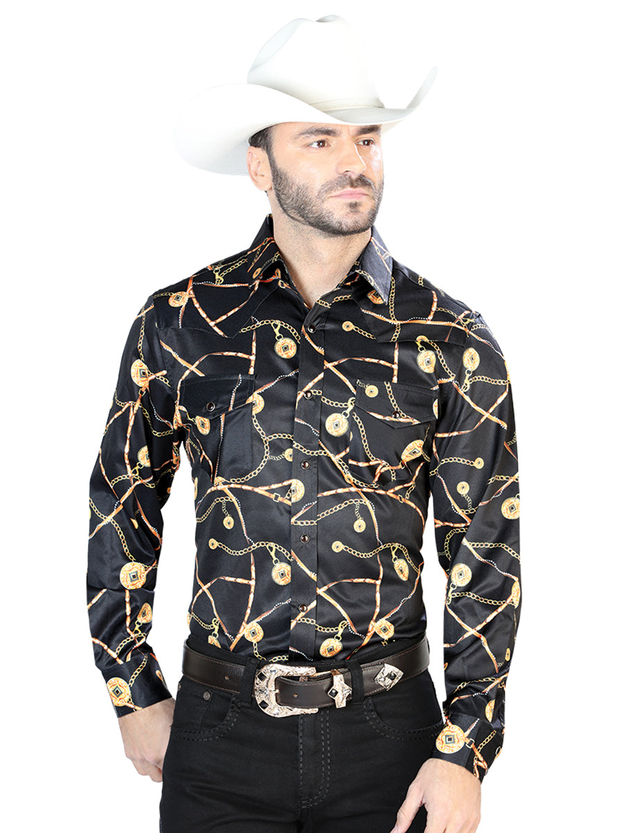 Camisa Vaquera de Hombre El Señor de los Cielos Manga Larga Broche Casual en 97% Poliéster 3% Lycra Color Negro/Blanco 44087