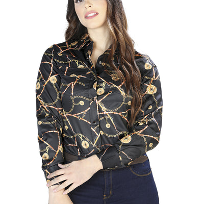 Camisa Vaquera de Mujer El Señor de los Cielos Manga Larga Broche Casual en 97% Poliéster 3% Lycra Color Negro/Blanco 44088