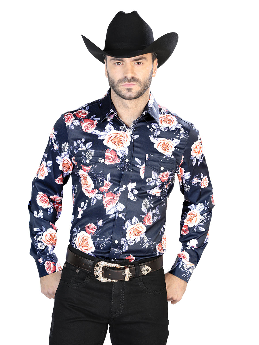 Camisa Vaquera de Hombre El Señor de los Cielos Marino/roses Manga Larga Broche en 97% Poliéster 3% Lycra Color Azul Marino 44089