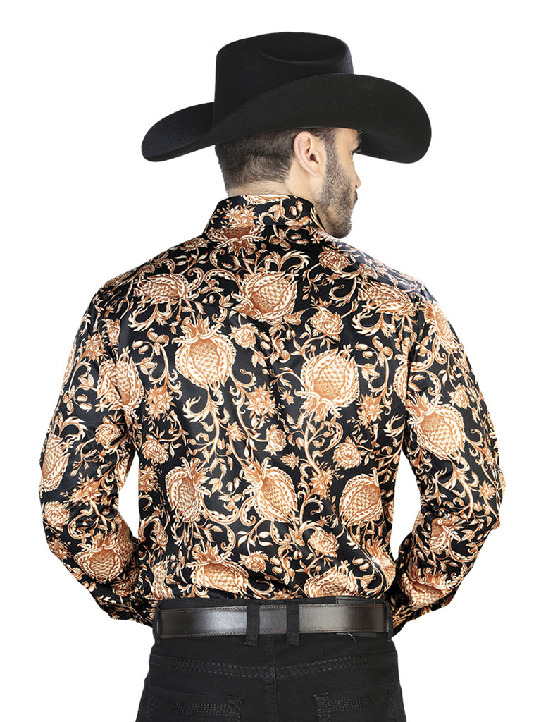 Camisa Vaquera de Hombre El Señor de los Cielos Manga Larga Broche Casual en 97% Poliéster 3% Lycra Color Dorado/Negro 44092