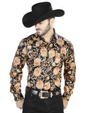 Camisa Vaquera de Hombre El Señor de los Cielos Manga Larga Broche Casual en 97% Poliéster 3% Lycra Color Dorado/Negro 44092