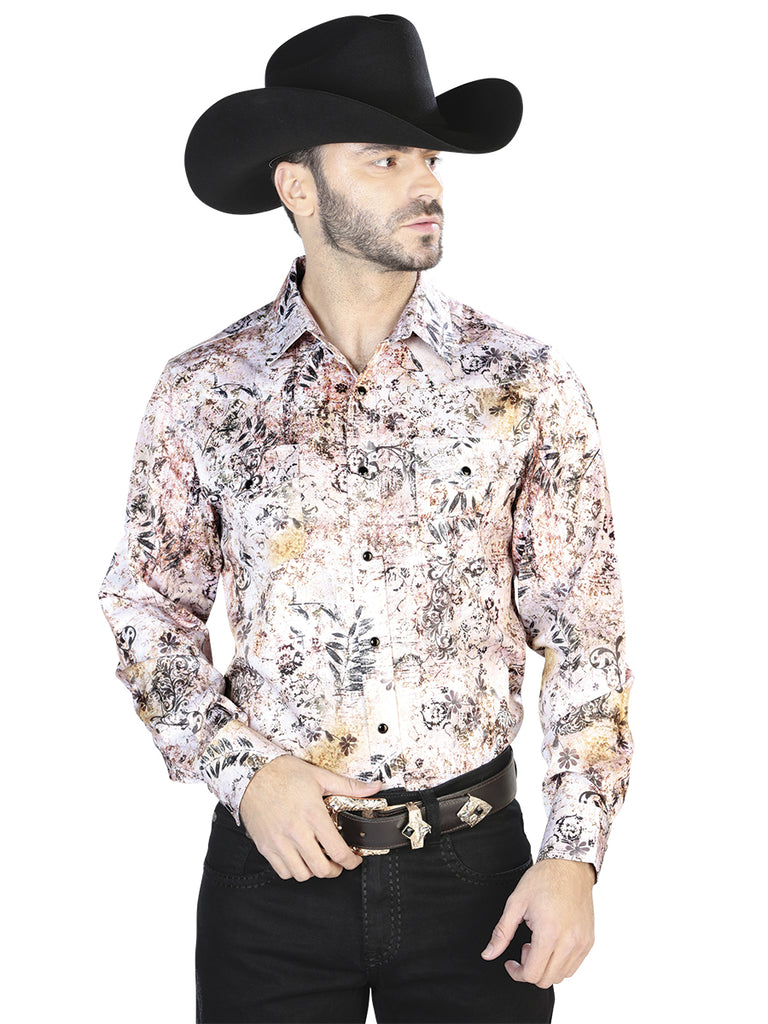 Camisa Vaquera de Hombre El Señor de los Cielos Manga Larga Broche Casual en 97% Poliéster 3% Lycra Color Blanco/Café 44093
