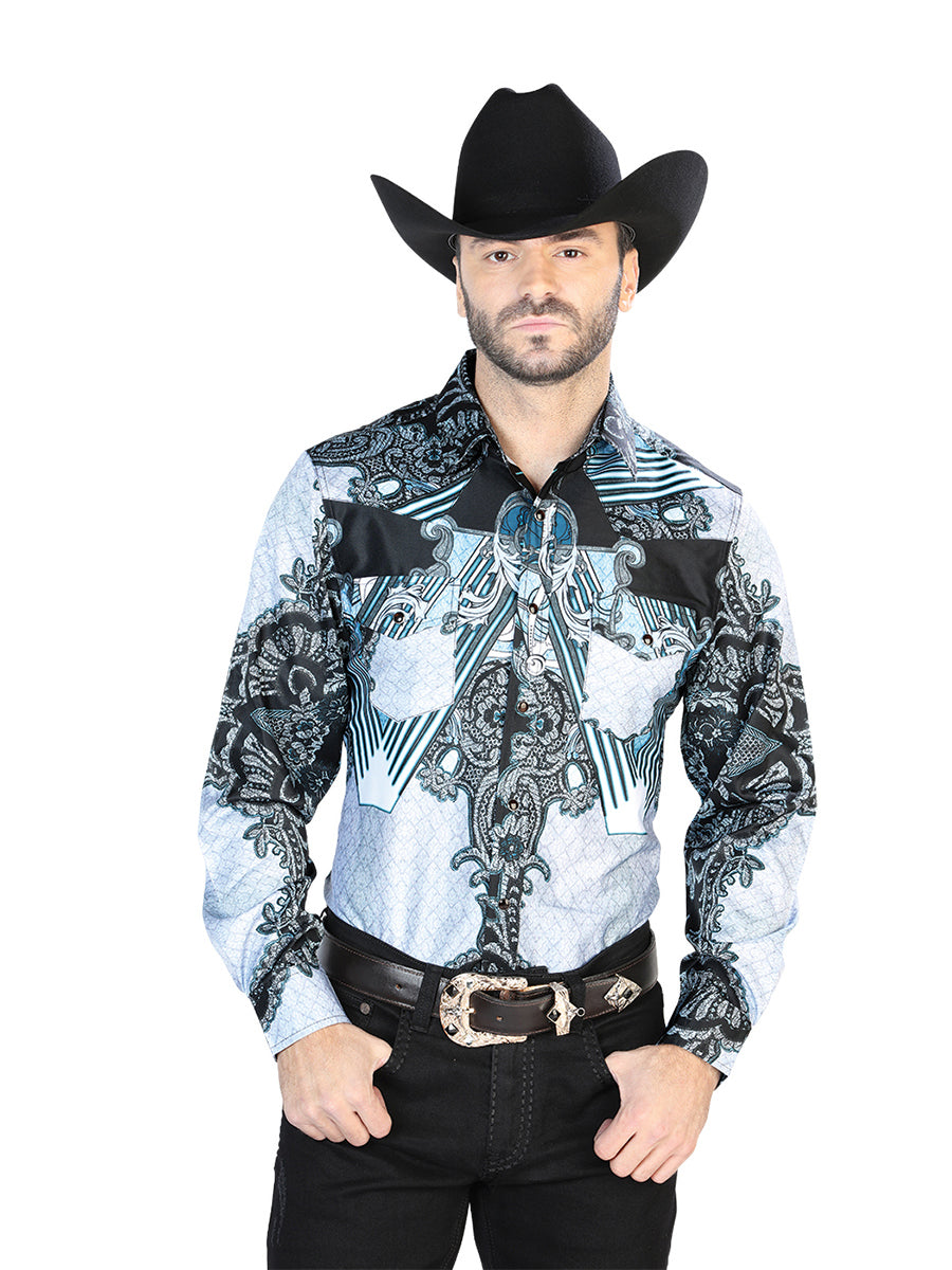 Camisa Vaquera de Hombre El Señor de los Cielos Manga Larga Broche Casual en 97% Poliéster 3% Lycra Color Negro/Gris 44095
