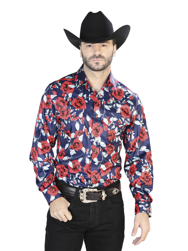 Camisa Vaquera de Hombre El Señor de los Cielos Manga Larga Broche Casual en 97% Poliéster 3% Lycra Color Rojo/Negro 44098