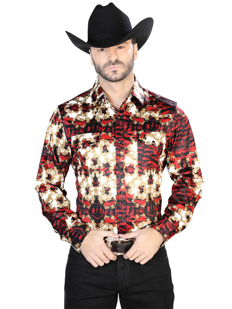 Camisa Vaquera de Hombre El Señor de los Cielos Manga Larga Broche Casual en 97% Poliéster 3% Lycra Color Vino/Dorado 44103