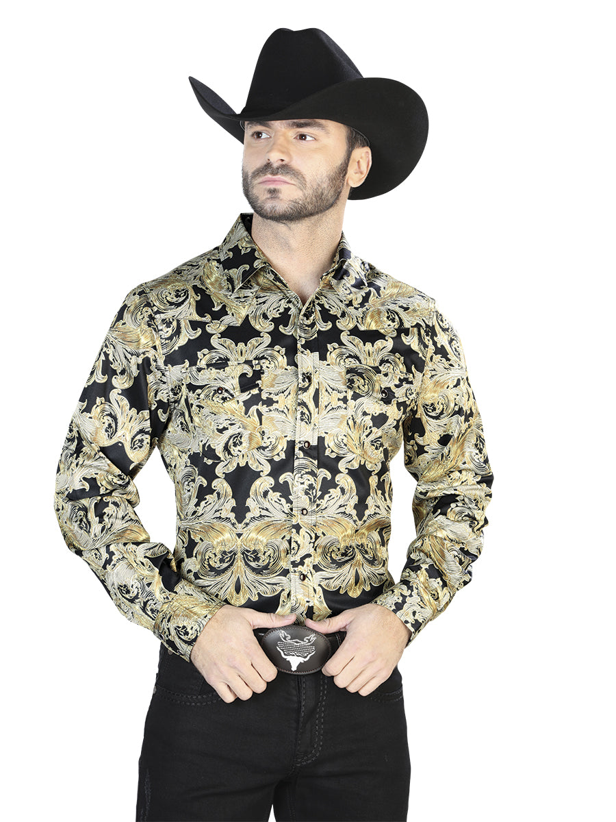 Camisa Vaquera de Hombre El Señor de los Cielos Manga Larga Casual en 97% Poliéster 3% Lycra Color Dorado/Negro 44106