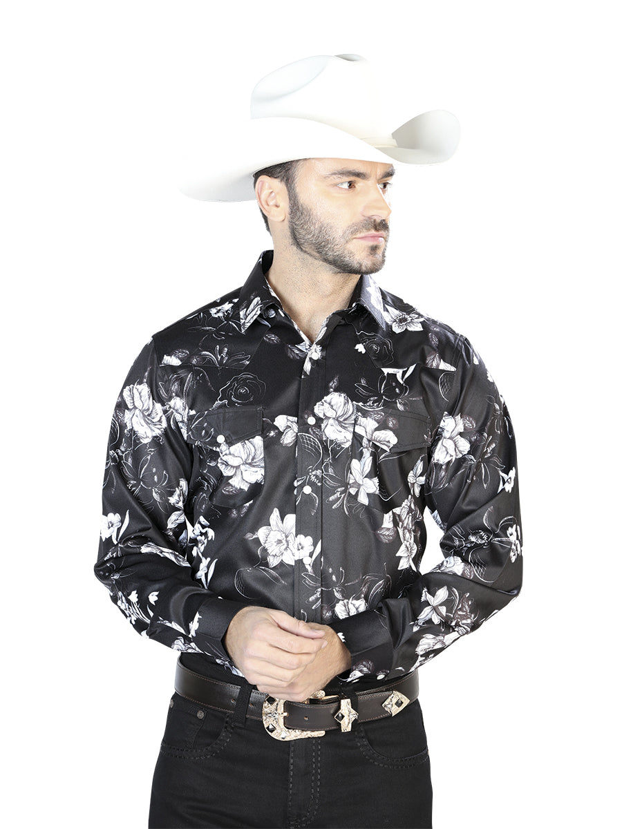 Camisa Vaquera de Hombre El Señor de los Cielos Manga Larga Broche Casual en 97% Poliéster 3% Lycra Color Negro/Blanco 44109