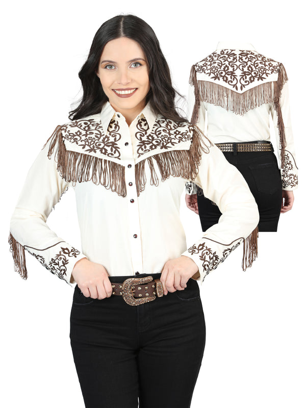 Dama Fringe Beige Bordado Vaquero - Style Blusa 44183