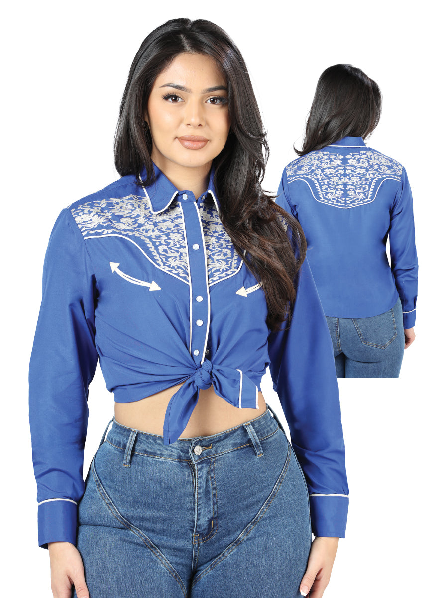 Camisa Vaquera de Mujer El Señor de los Cielos Manga Larga Bordada en 65% Poliéster 35% Algodón Color Azul 44185