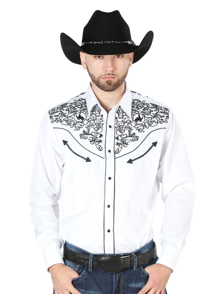 Camisa Vaquera de Hombre El Señor de los Cielos Manga Larga Bordada Casual en 65% Poliéster 35% Algodón Color Blanco/Negro 44188