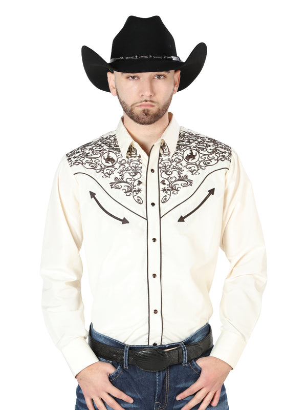 Camisa Vaquera de Hombre El Señor de los Cielos Manga Larga Bordada Casual en 65% Poliéster 35% Algodón Color Beige/Negro 44189